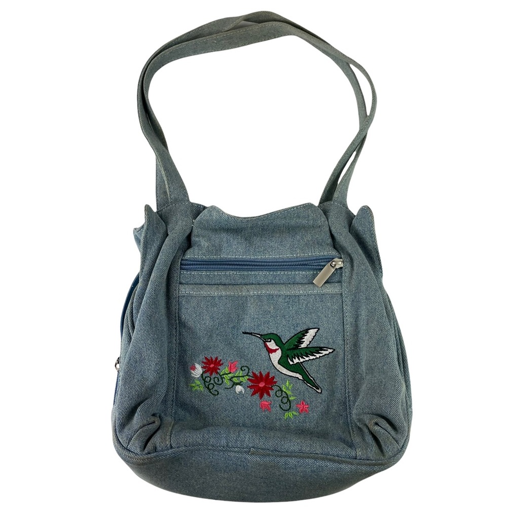 Vintage Cottagecore Mushroomcore Embroidered Denim Hummingbird Floral Handbag BL